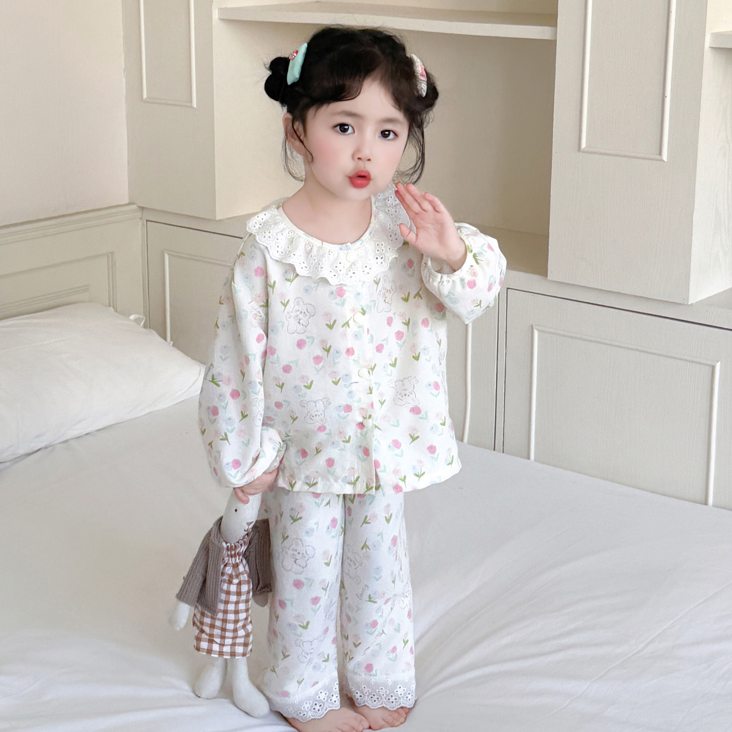 女童纯棉碎花睡衣套装花边领开衫公主风家居服