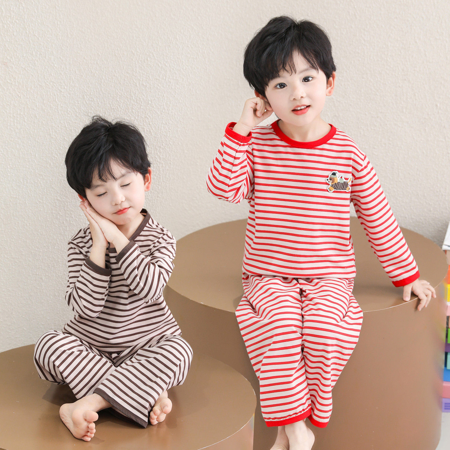 纯棉儿童睡衣男童春秋长袖条纹家居服套装可外穿卡通