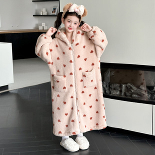 女童睡袍冬季加绒加厚长款连帽珊瑚绒睡裙女孩洗澡浴袍连体家居服