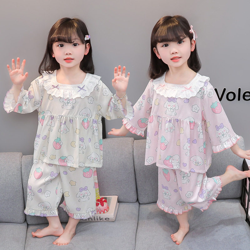儿童睡衣夏季薄款冰丝小女孩空调服宝宝七分袖花边套装女童家居服