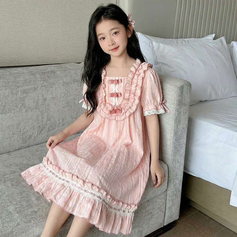 夏季棉质甜美方领泡泡袖公主睡裙
