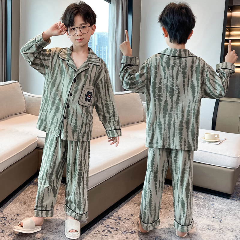 男童纯棉开衫睡衣套装春秋长袖翻领印花青少年家居服