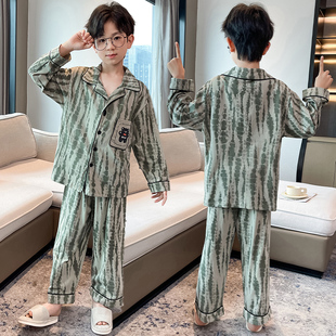 男童纯棉开衫睡衣套装春秋长袖翻领印花青少年家居服