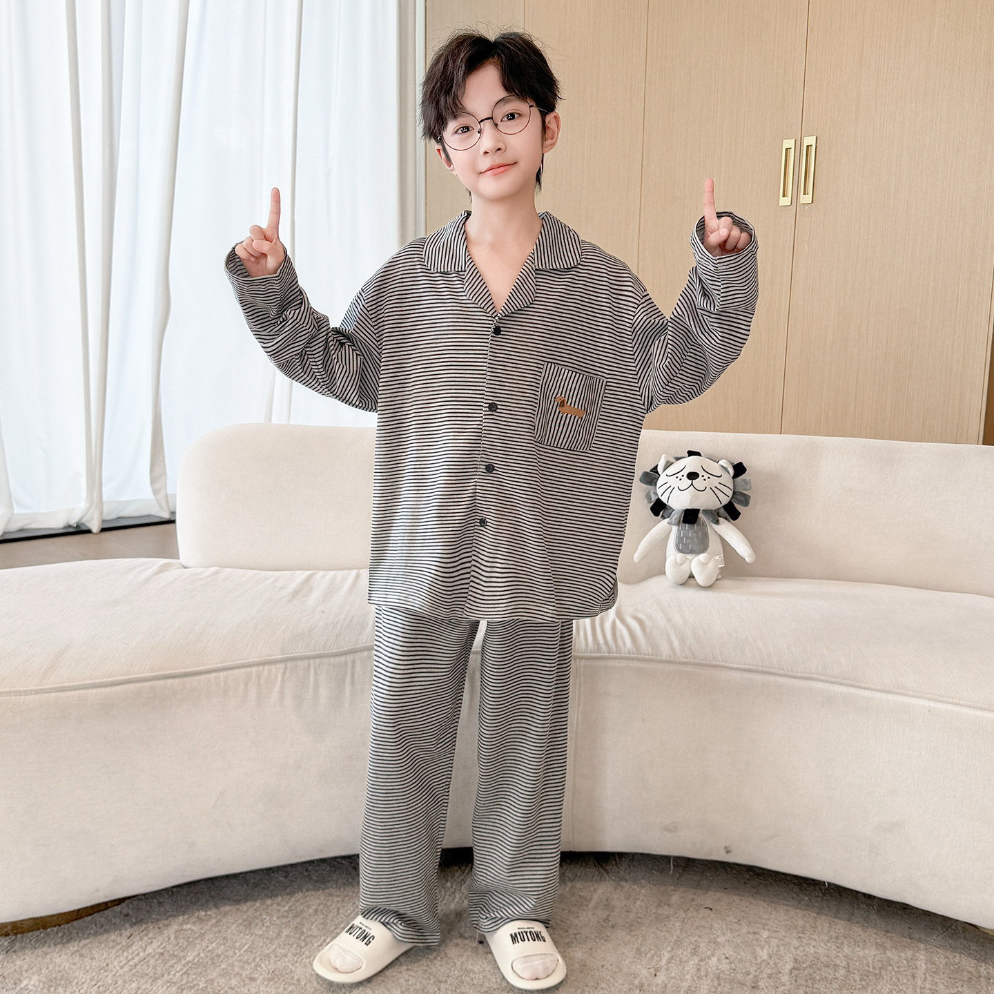 男童纯棉家居服套装春秋长袖翻领条纹青少年睡衣大童