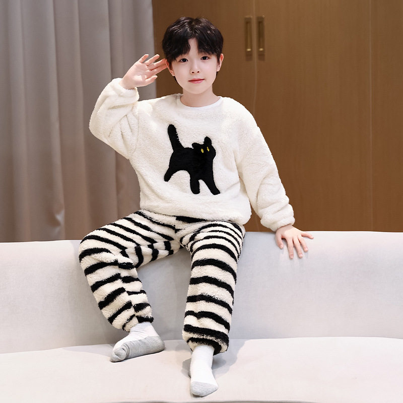 男童睡衣秋冬季加绒加厚卡通条纹猫咪法兰绒珊瑚绒家居服套装潮
