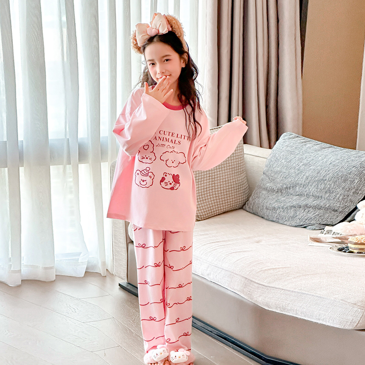 卡通纯棉长袖女童睡衣春季宽松可外穿家居服套装