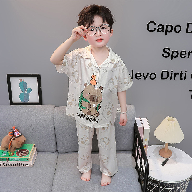 卡通小熊男童睡衣夏季冰丝短袖薄款男孩空调服家居服套装