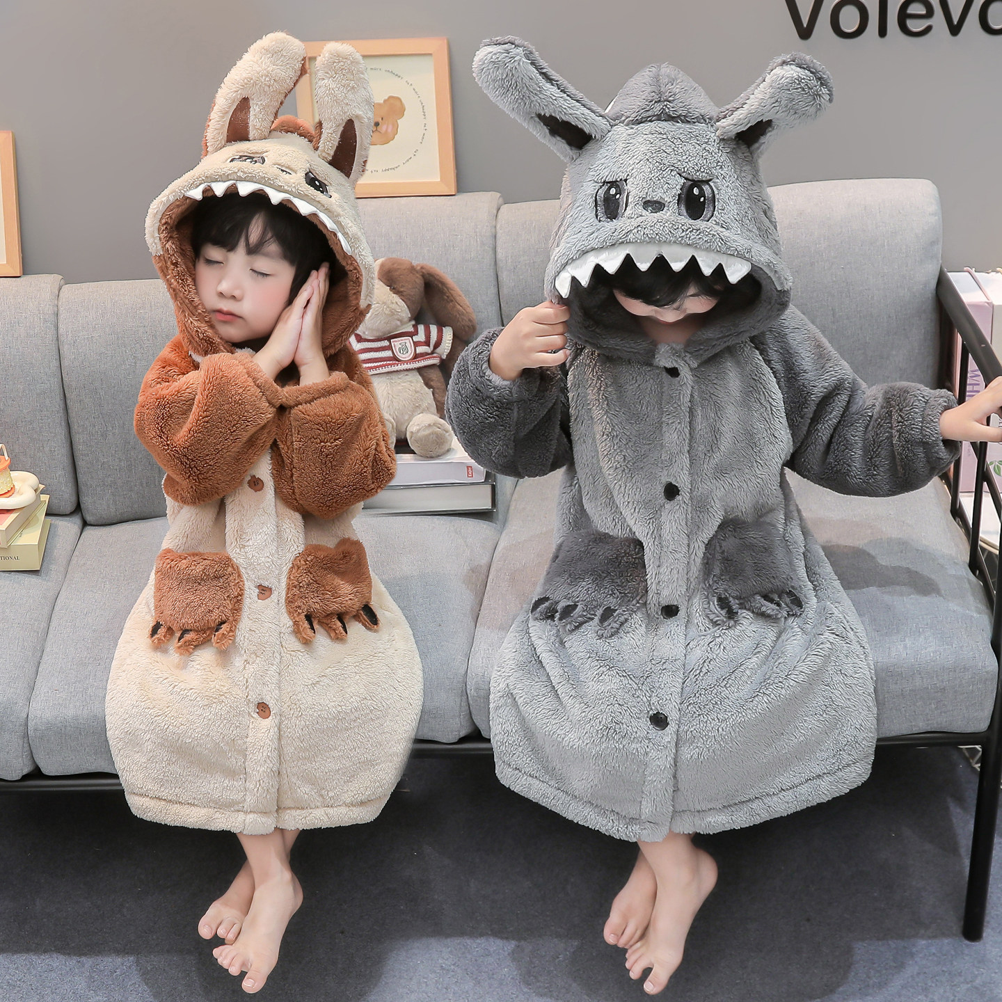 男童睡袍珊瑚绒秋冬季加厚加长拉布布浴袍男孩法兰绒儿童家居服