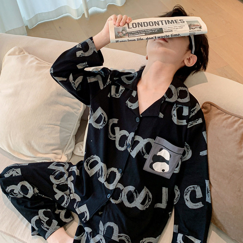 男童睡衣春秋季长袖大童韩版翻领开衫纯棉洋气大童儿童家居服套装