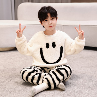 珊瑚绒男童睡衣男孩秋冬季加绒加厚可外穿保暖法兰绒家居服套装