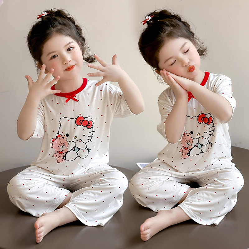 女童夏季薄款卡通印花家居服套装莫代尔七分袖可爱睡衣空调服