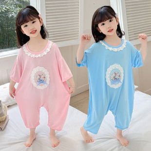 女童连体睡衣夏季爱莎公主莫代尔短袖女宝夏款空调服儿童连身睡袋