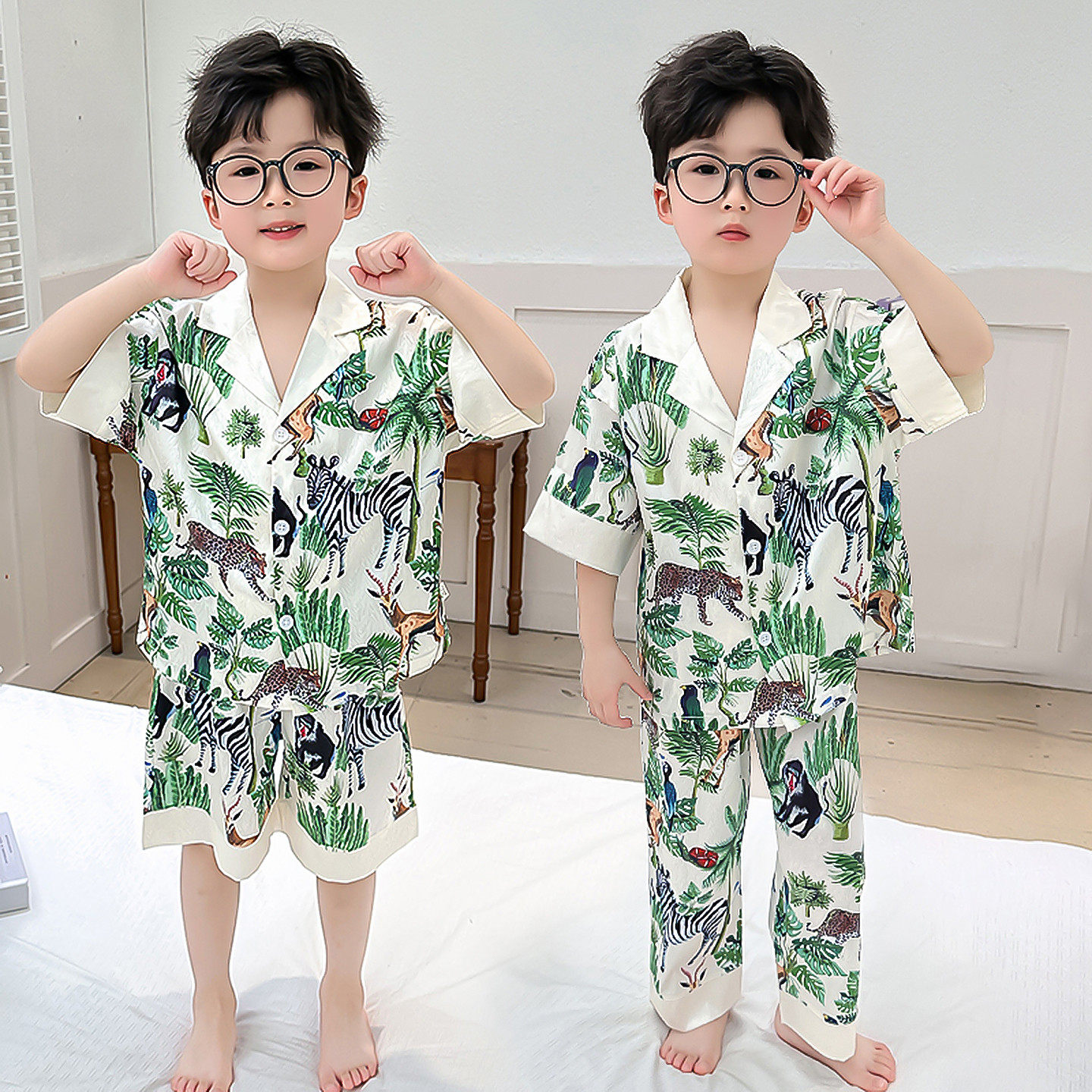 冰丝卡通印花男童睡衣夏季薄款翻领短袖长裤三件套家居服