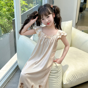 新款 2024年夏季卡通小熊吊带睡裙 甜美亲子A类冰丝女童连衣裙