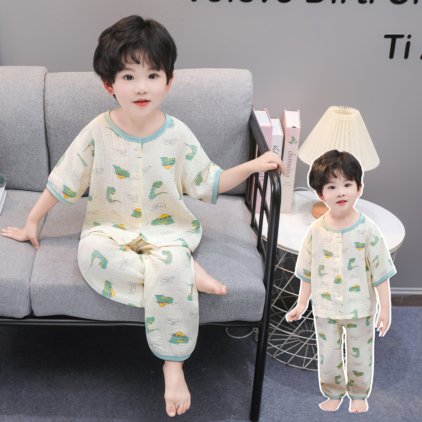 男童春秋夏季卡通恐龙棉纱短袖长裤家居服中小童开衫睡衣套装