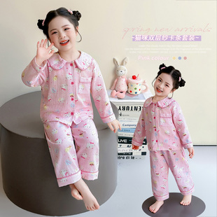 儿童睡衣女童春秋款长袖长裤猫咪印花粉色家居服套装可爱风