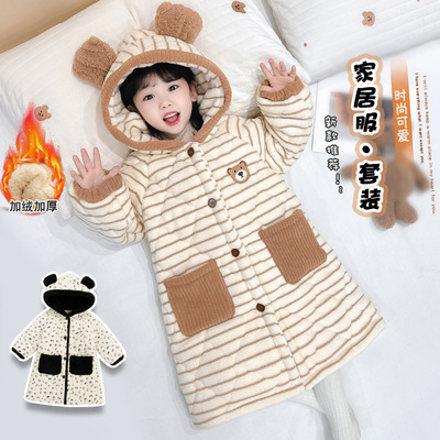 新款女童珊瑚绒睡衣冬季男孩豹纹