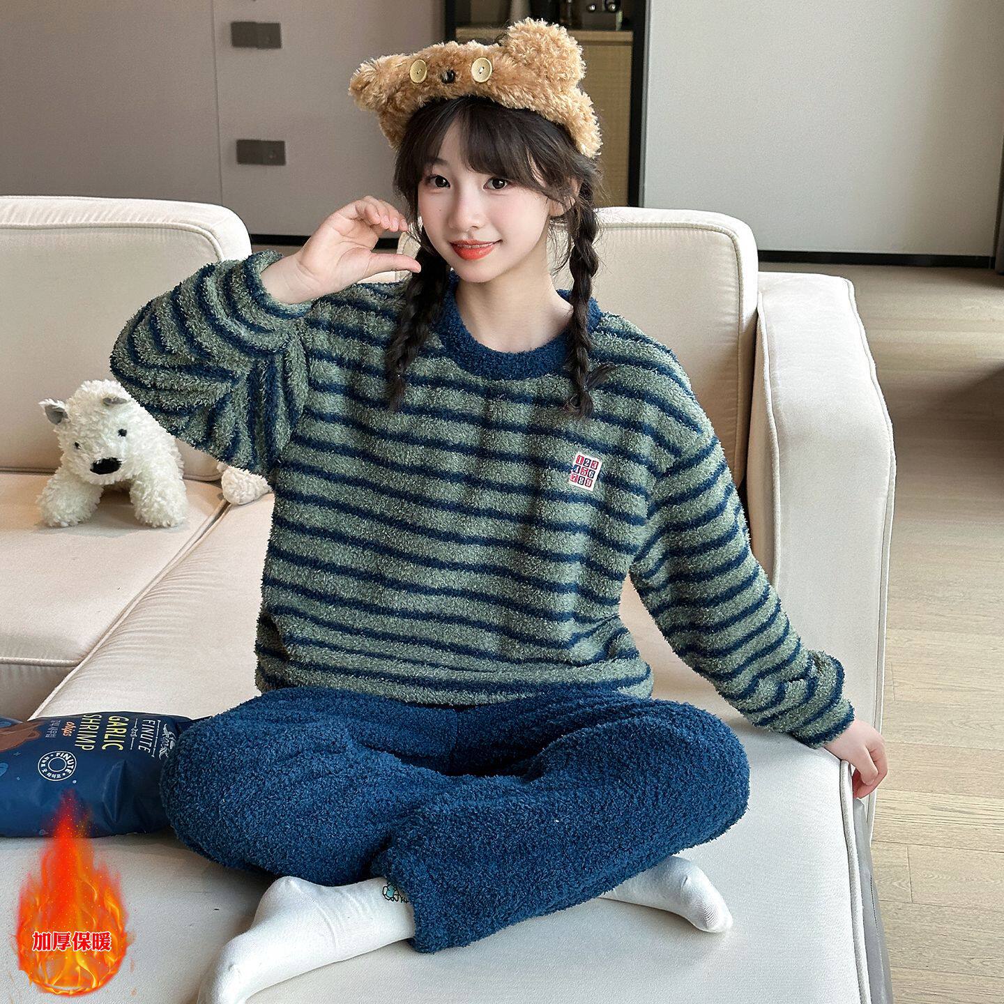 新款女童睡衣2025大童秋冬季儿童初中生半边绒家居服加厚保暖套装