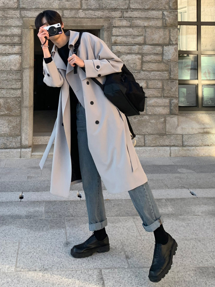 2023 NEW SPRING AND AUTUMN THIN TRENCH COAT DESIGN SENSE PREMIUM MENS KOREAN VERSION MID-LENGTH LOOSE DOUBLE-BREASTED COAT JACKET