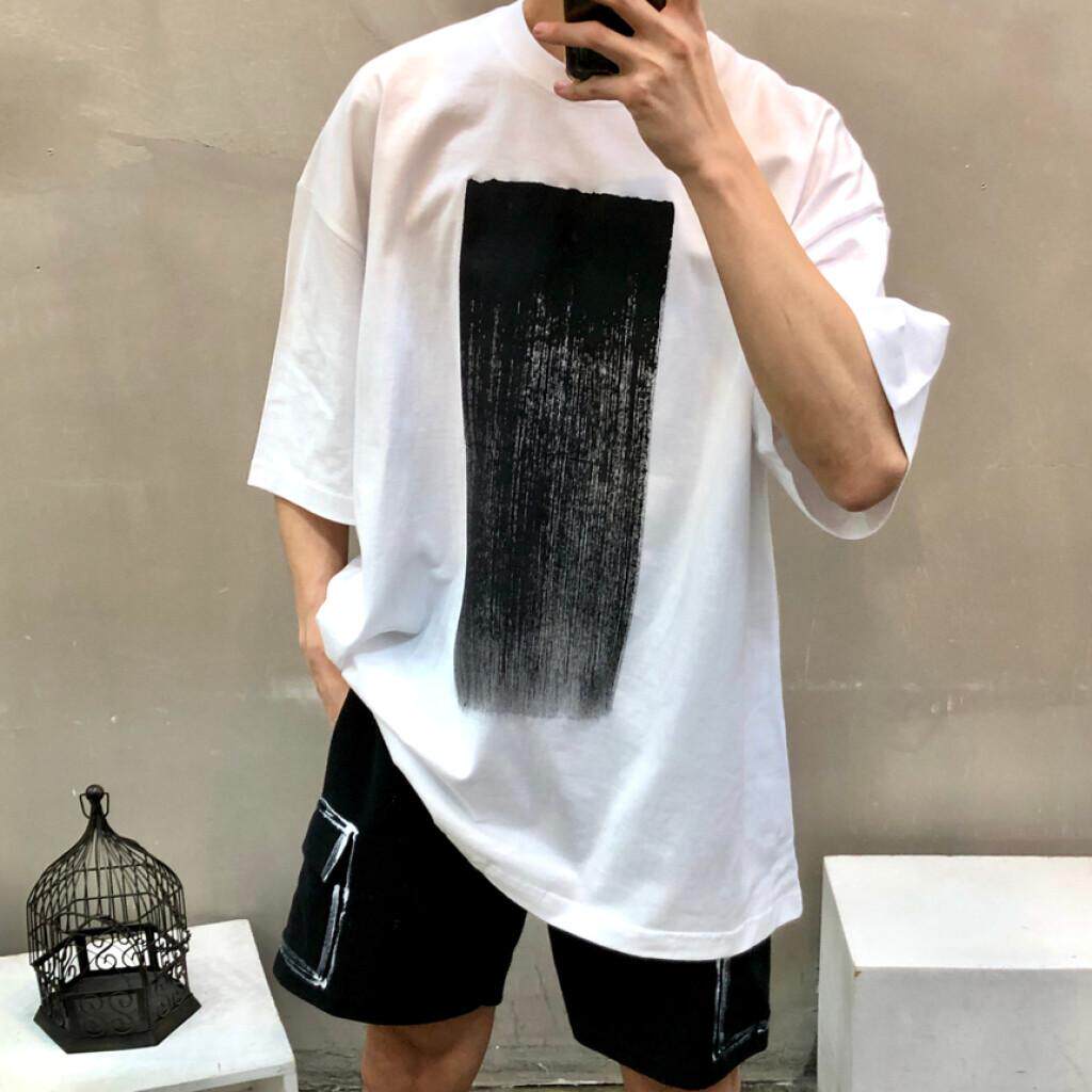 韩国代购东大门时尚个性刷漆慵懒风大码宽松潮流休闲短袖T恤衫男