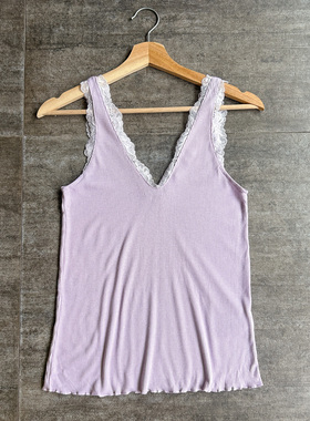 不褪换 西班牙womensecret春夏女高弹力螺纹花边V领背心+碎花短裤