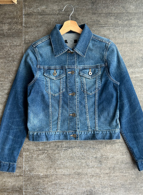 不褪换 日本You依ku春秋女经典复古美式水洗猫须修身短牛仔外套