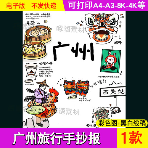 广州旅行记手抄报广州名胜古迹导览图假期旅游导游图涂色电子小报