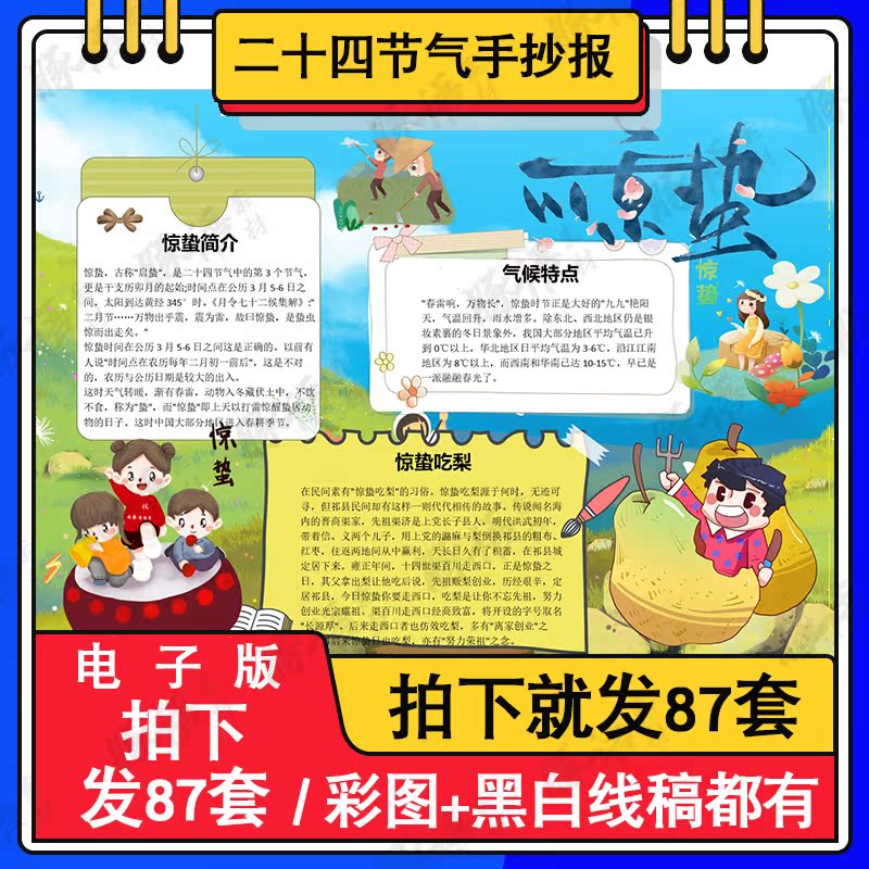 惊蛰节气小报word模板学生电子手抄报板报A4尺寸成品含文字内容 商务/设计服务 设计素材/源文件 原图主图