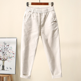 休闲裤 老爹裤 女2025新款 子女高腰宽松弹力牛仔裤 秋裤 米白色哈伦裤