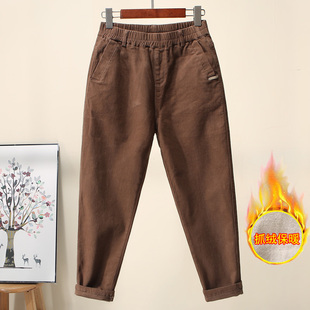 子牛仔裤 老爹裤 女2025新款 子弹力松紧腰哈伦裤 秋冬加绒裤 咖啡色裤