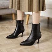 靴侧拉链洋气绝美真皮 细跟时装 短靴女2025秋冬新款 加绒尖头高跟鞋