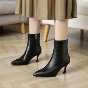短靴女2025秋冬新款加绒尖头高跟鞋细跟时装靴侧拉链洋气绝美真皮