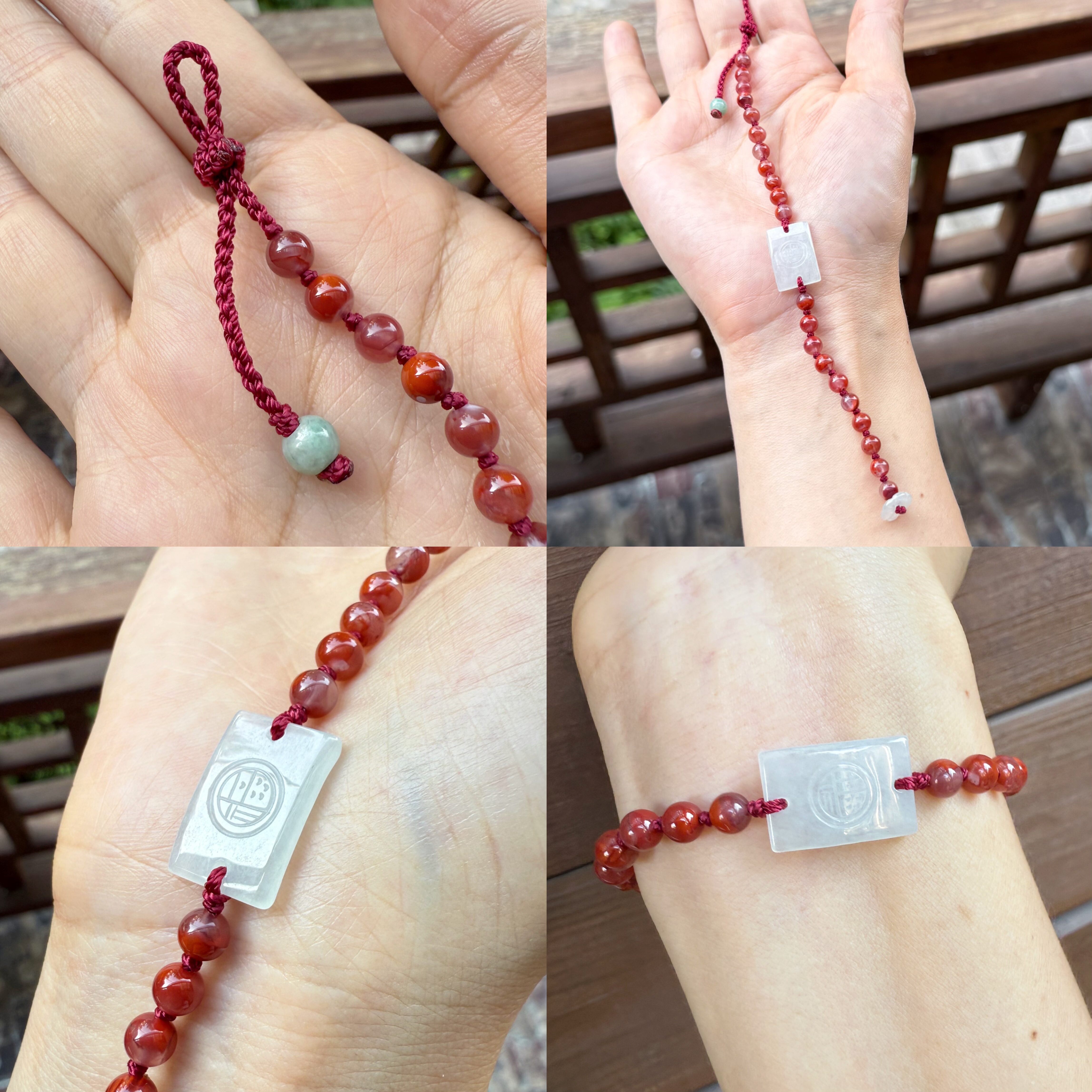 天然翡翠小福牌南红玛瑙手链女款玉石手牌手工编织红绳七夕礼物