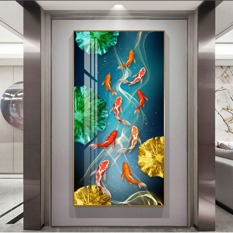 2025新款5D钻石画轻奢玄关九鱼图荷花客厅走廊手工点钻珠绣十字绣