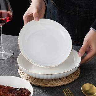 欧式简约深盘子大号家用菜盘陶瓷盘碟子鱼盘新款金边酒店餐具餐盘