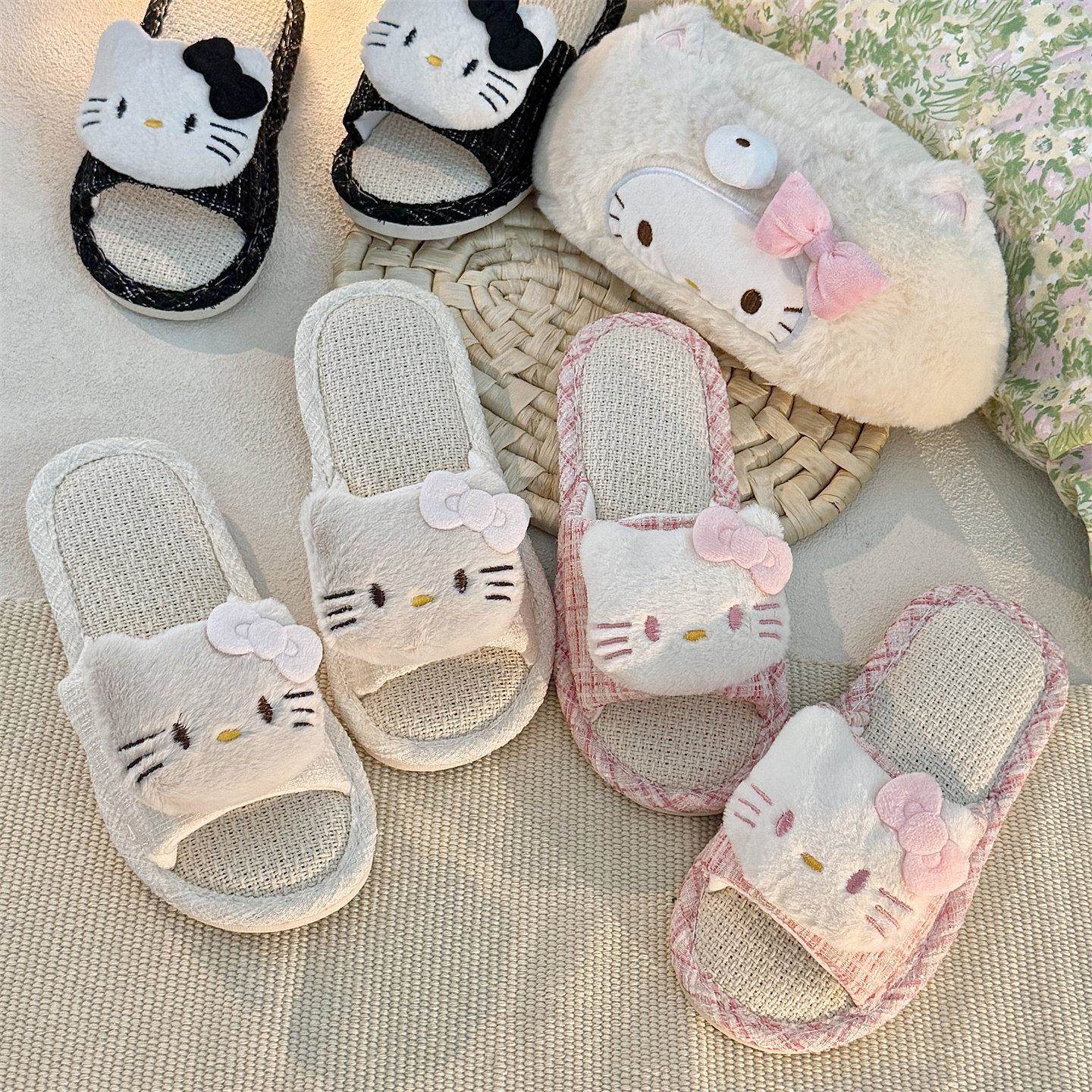 日本正版可爱kitty棉麻居家拖鞋轻便速干防滑一字拖卧室软底拖鞋