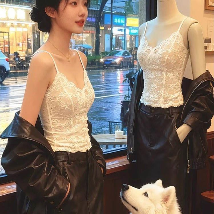 日本正版法式蕾丝吊带背心女带胸垫美背西装内搭性感文胸一体上衣