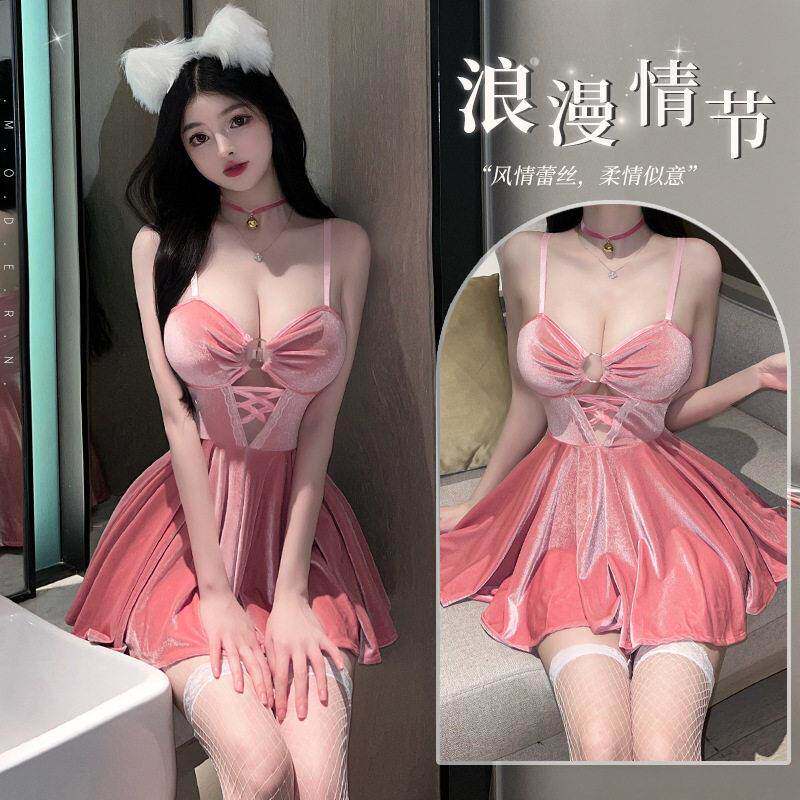 法式私房睡裙丝绒深V露背私密家居服吊带裙小胸显大情趣睡衣套装