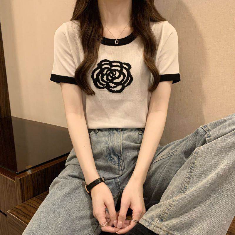 日本正版撞色短袖T恤女夏薄款冰丝针织衫刺绣设计感小众百搭上衣
