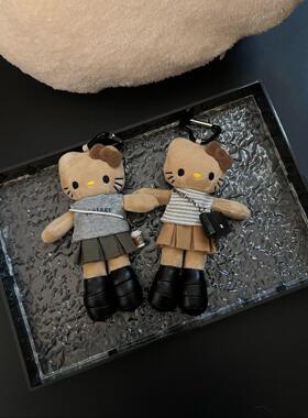 日本代购中古长腿kitty包包挂件钥匙扣黑皮豹纹KT猫女玩偶公仔潮