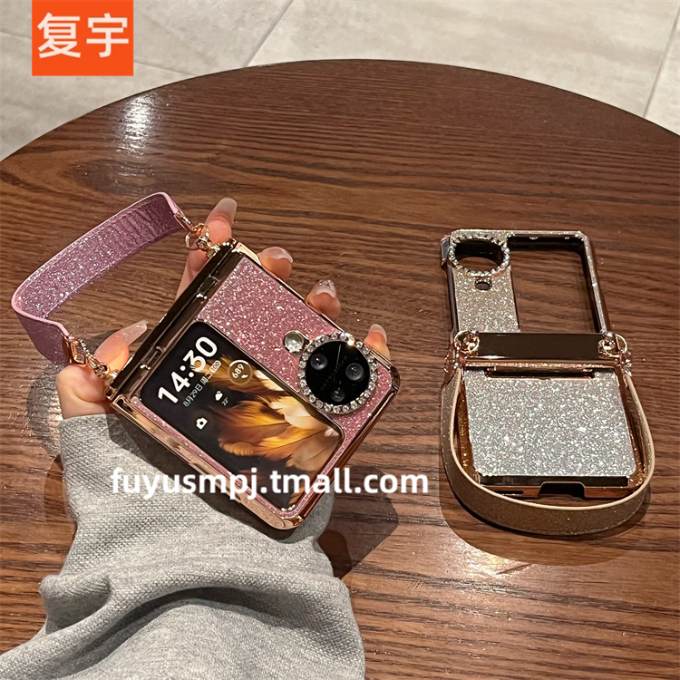 适用OPPOFindN3Flip手机壳折叠屏新款oppo find n3 flip女镶钻手腕带渐变闪粉电镀铰链全包防摔保护套潮