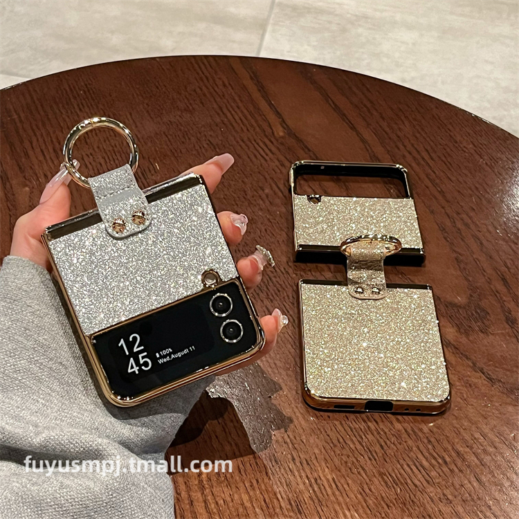 适用三星zflip4手机壳z flip3折叠屏w23flip心系天下全包防摔4代高档磨砂闪粉指环网红女新款超薄保护套