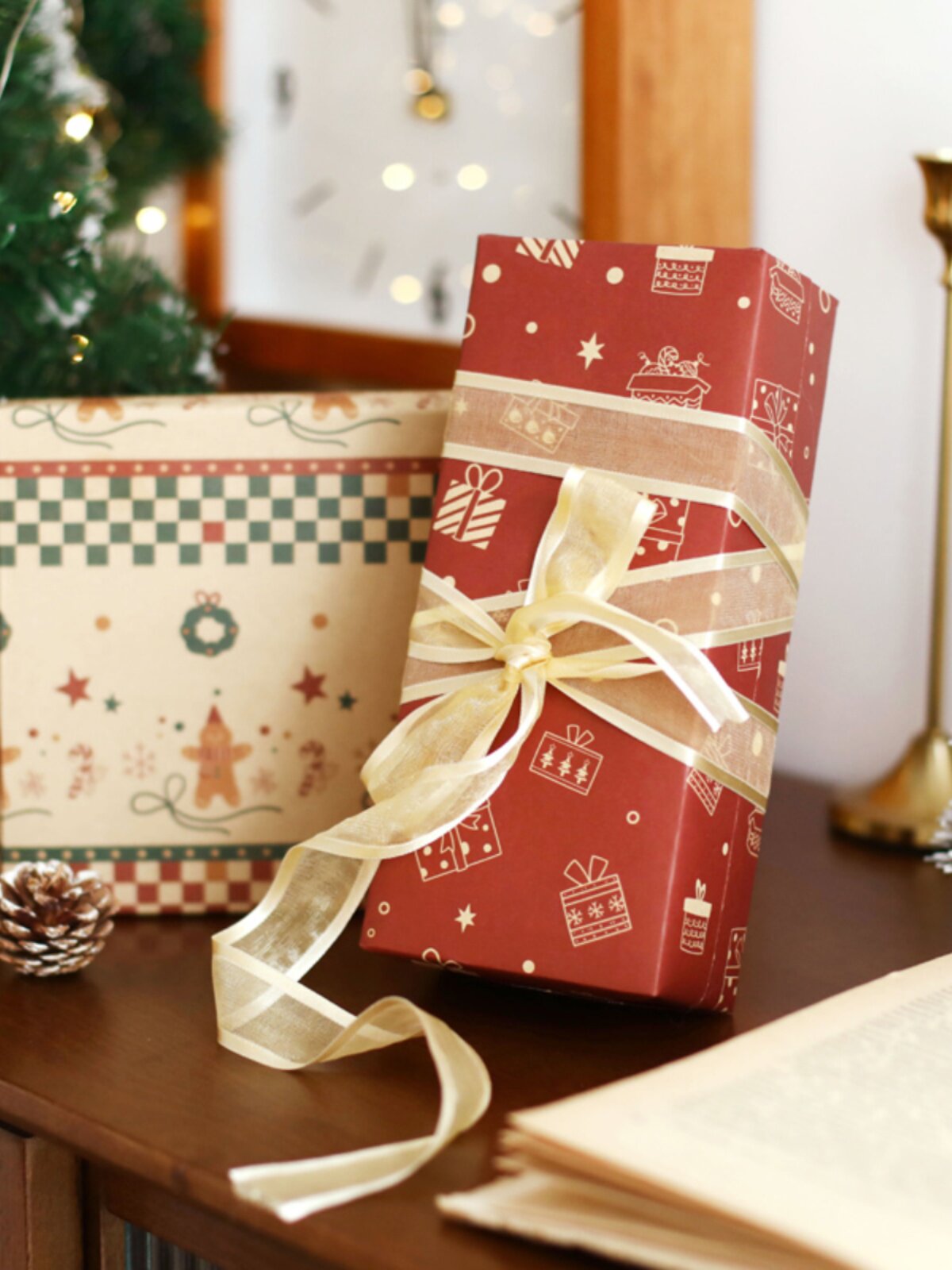 크리스마스 선물 포장지 두꺼운 크래프트 종이 휴일 창조적 인 장식 선물 종이 대마 밧줄 양면 테이프 선물 상자 종이