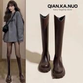 不过膝长筒骑士靴女新款 v口西部靴 厚底马丁单靴高筒2022秋冬新款