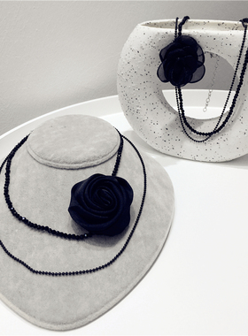 黑色人造水晶双层布艺蕾丝花项链