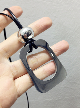 小众设计冷淡风欧美夸张简约银色长方形几何皮绳项链毛衣链挂件饰