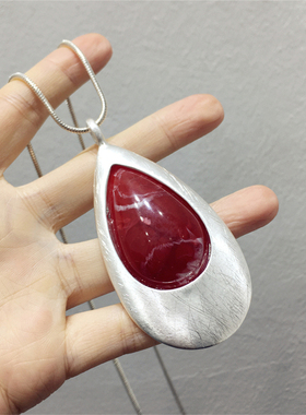 复古名族风简约气质金属拉丝红色亚克力水滴项链毛衣链挂件饰品新