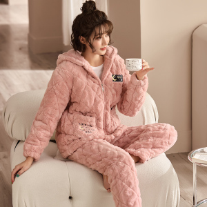 睡衣女士冬季珊瑚绒三层加厚加绒保暖夹棉法兰绒秋冬天家居服