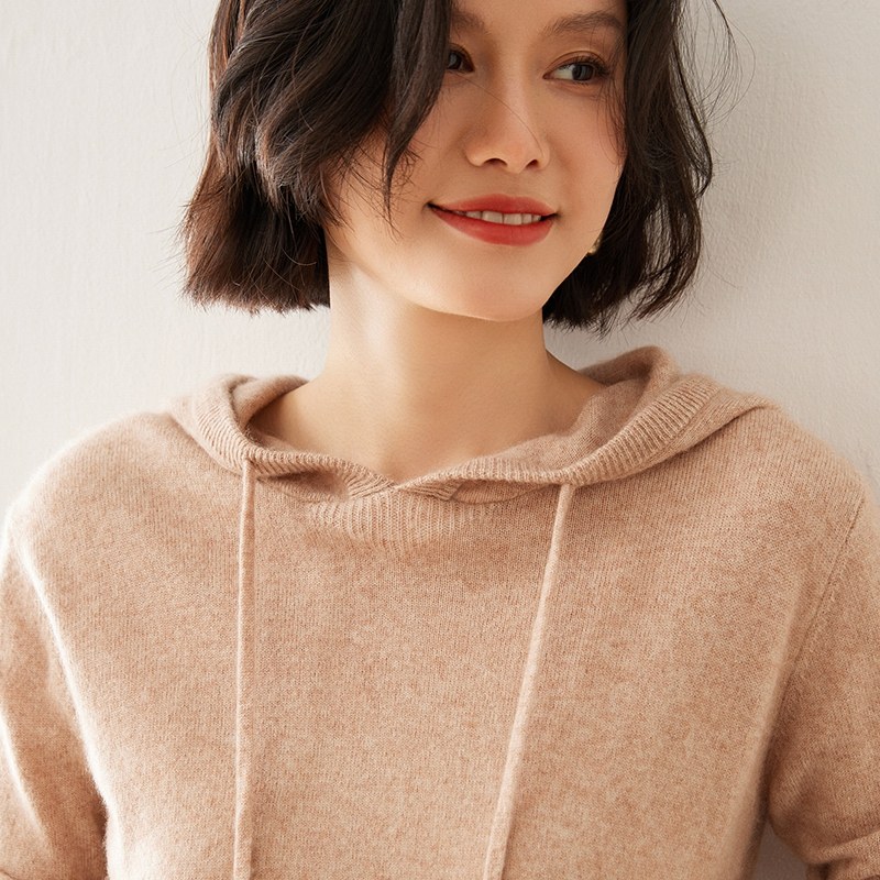 100%纯山羊绒衫女连帽宽松卫衣