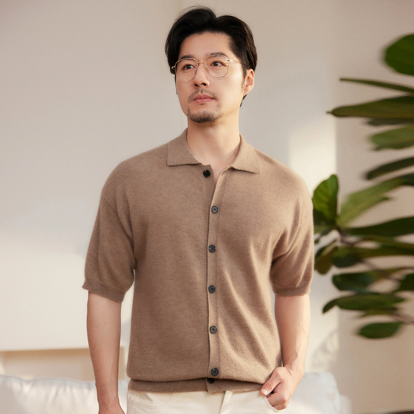 秋冬100%纯山羊绒Polo领针织短袖
